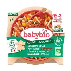 BABYBIO Comme les grands - Spaghetti Veggie Potimarron Carotte Lentille & Lait de cocodès 15 mois 200g