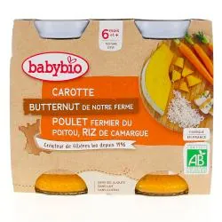 BABYBIO Repas du Midi - Petits pots carotte, courge butternut, poulet, riz dès 6 mois 2x200g