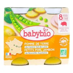 BABYBIO Repas du Midi - Petits pots Pomme de terre du Centre-Val de Loire, Petits Pois et Jambon de Nouvelle-Aquitaine 2x200g dès 8mois