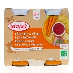 BABYBIO Repas du Midi - Petits pots Légumes & Pâtes façon bolognaise, boeuf fermier de Nouvelle-Aquitaine 2x200g dès 6 mois