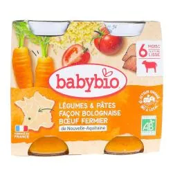 BABYBIO Repas du Midi - Petits pots Légumes & Pâtes façon bolognaise, boeuf fermier de Nouvelle-Aquitaine 2x200g dès 6 mois