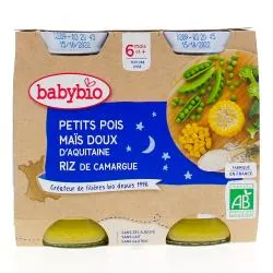 BABYBIO Repas du Soir - Petits pots Petits pois, Maïs doux d'Aquitaine et Riz de Camargue 2x200g dès 6 mois