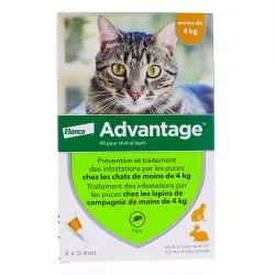 BAYER Advantage 40 pour chat et lapin de moins de 4kg 4x0.4ml 4 pipettes x 0,4ml